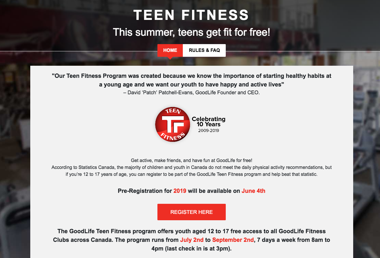 GoodLife Fitness：青少年免費暑假健身