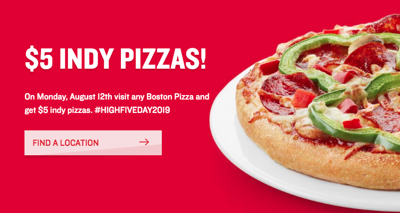 Boston Pizza：Individual Pizza只需$5