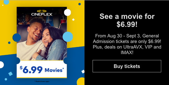 Cineplex：任何門票可獲$7折扣優惠