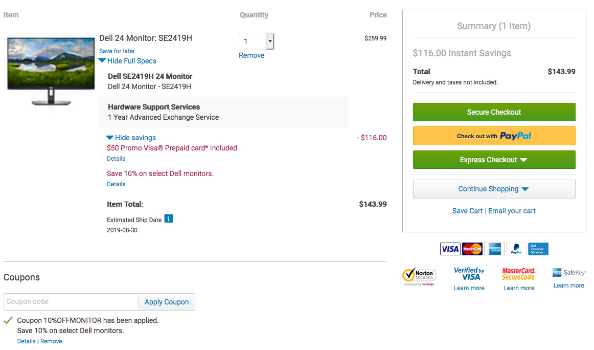 Dell限时优惠精选：Dell LED IPS 24吋全高清(Full HD)电脑显示屏 (monitor)只卖$143.99 + 免费$50 Visa Prepaid Card