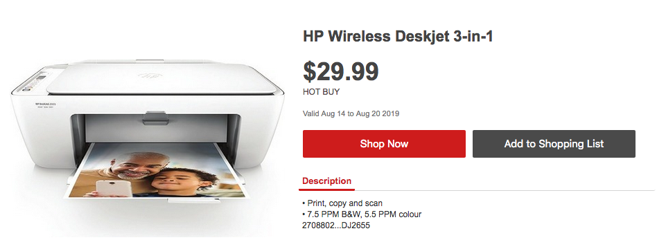 Staples：HP Deskjet 2655多功能无线打印机(Wireless Printer+Copier+Scanner)只卖$29.99
