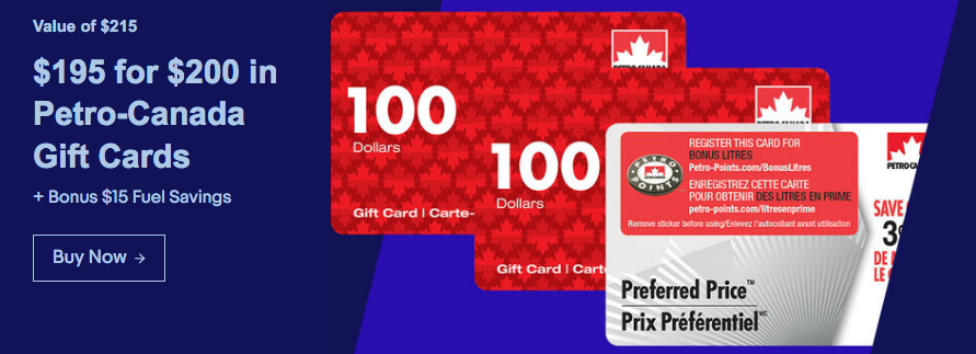 ebay.ca：2张$100 Petro Canada Gift Card + $15 Preferred Price Card只卖$195
