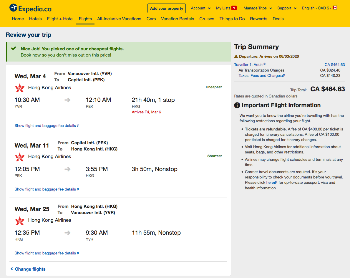 Expedia:溫哥華 – 北京 – 香港機票只賣$465(連稅)