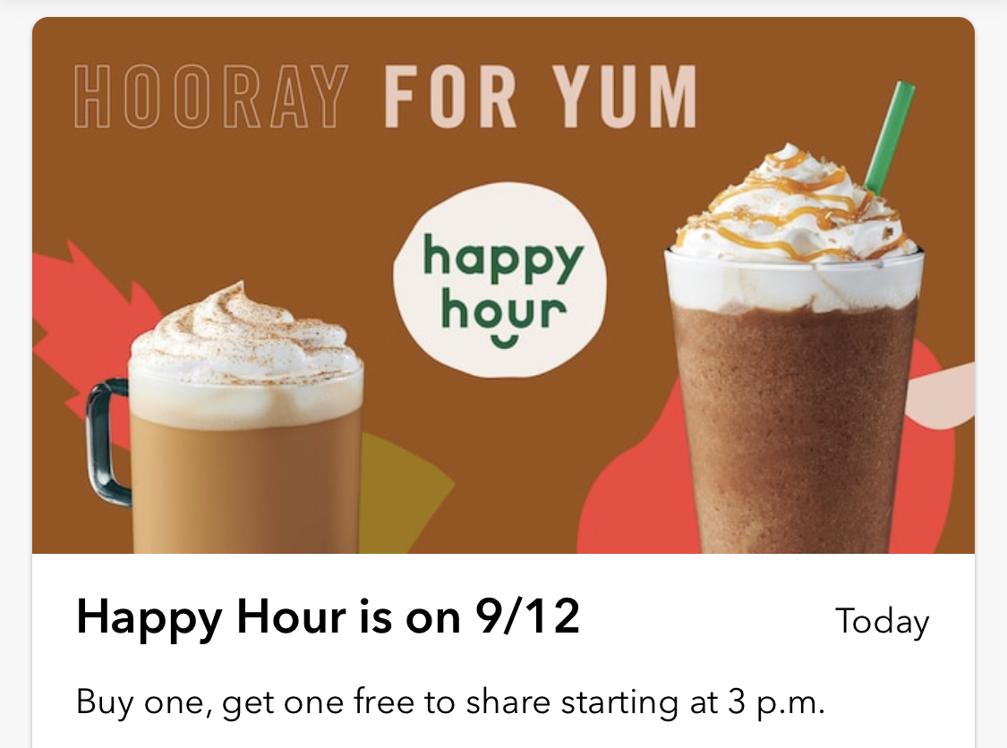 Starbucks：任何Espresso/Frappuccino可享買一送一優惠 (只限Starbucks會員)