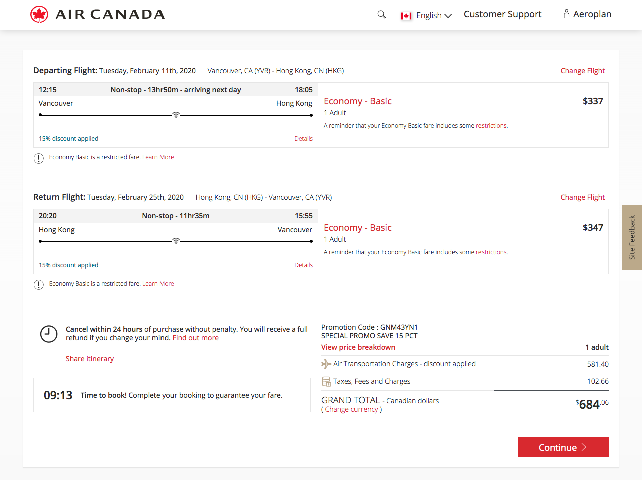 Air Canada：全球八五折优惠