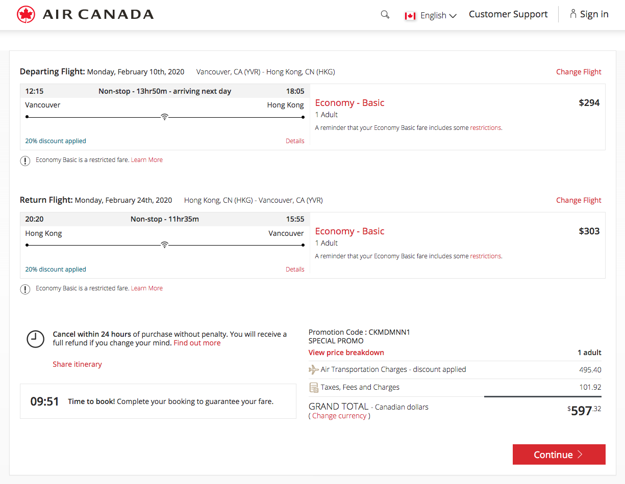Air Canada:全球八折優惠