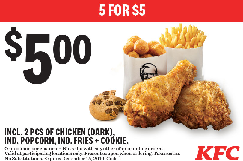 KFC：2件鸡 + Popcorn Chicken + 薯条 + 曲奇只需$5