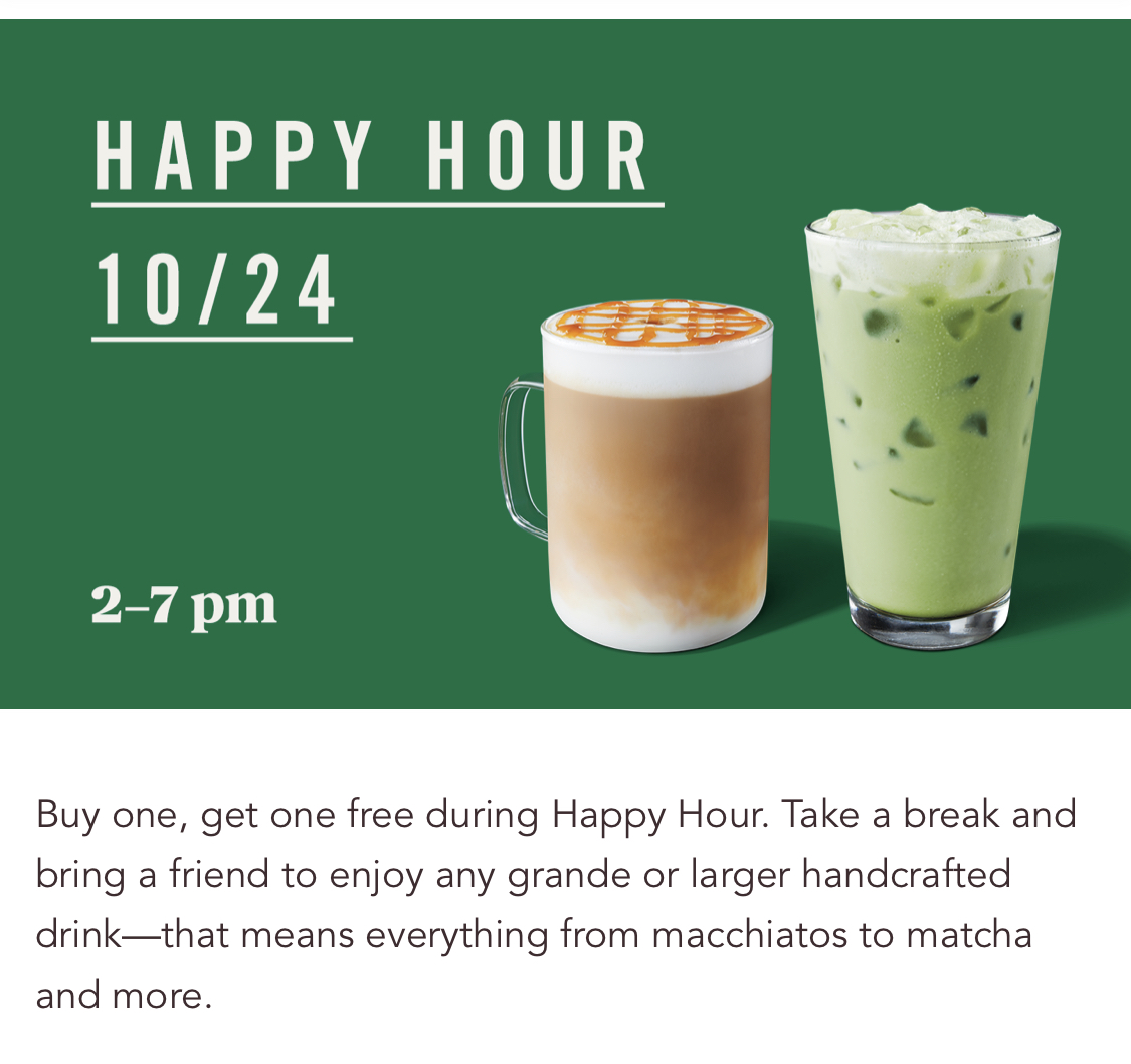 Starbucks：任何手調飲品可享買一送一優惠 (只限Starbucks會員)