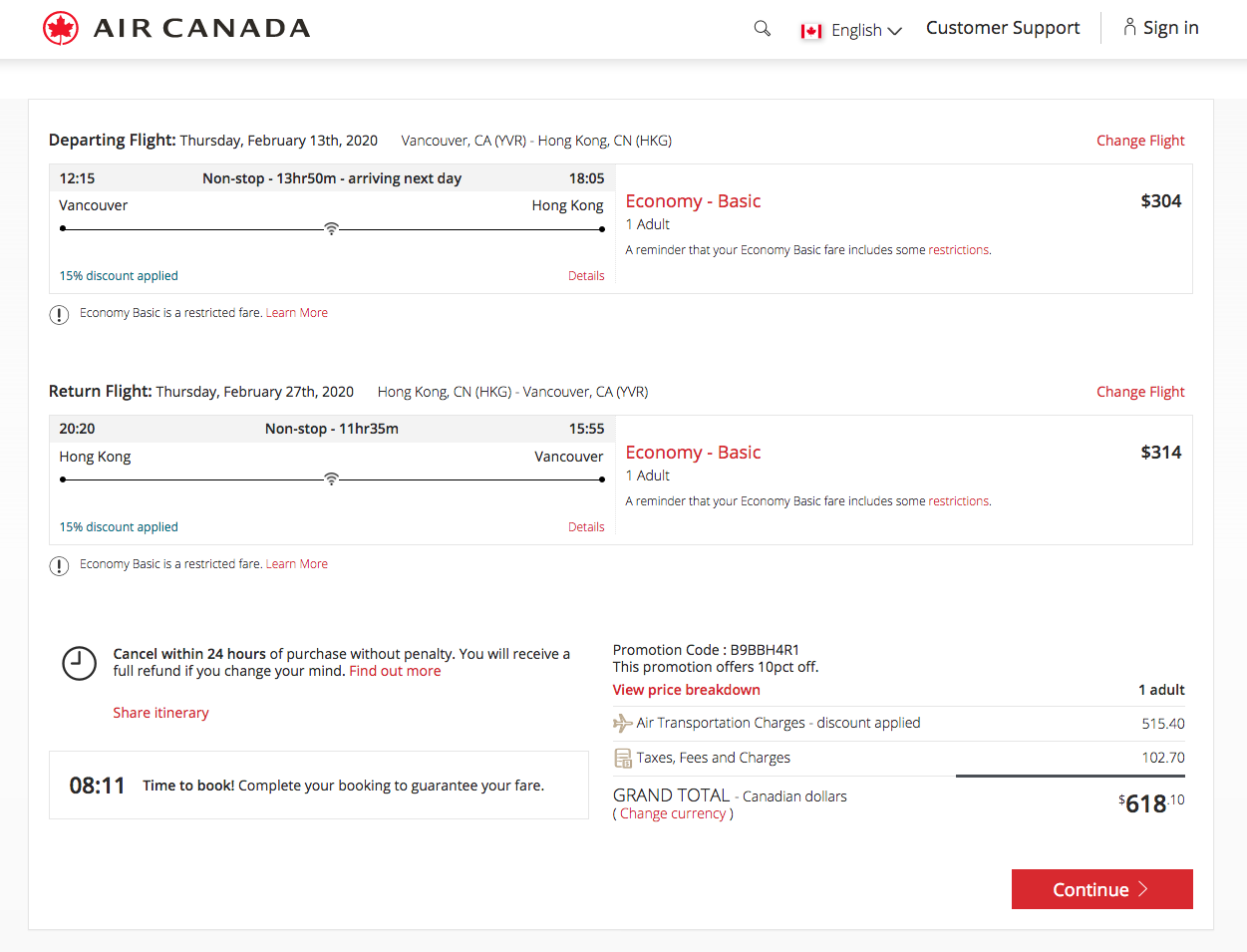 Air Canada：亞洲城市八五折限時優惠