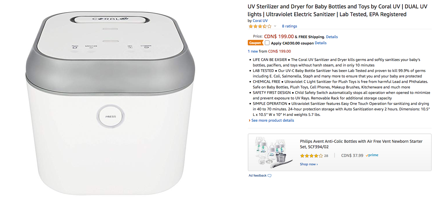 Amazon：Coral UV紫外線奶瓶消毒機只賣$169