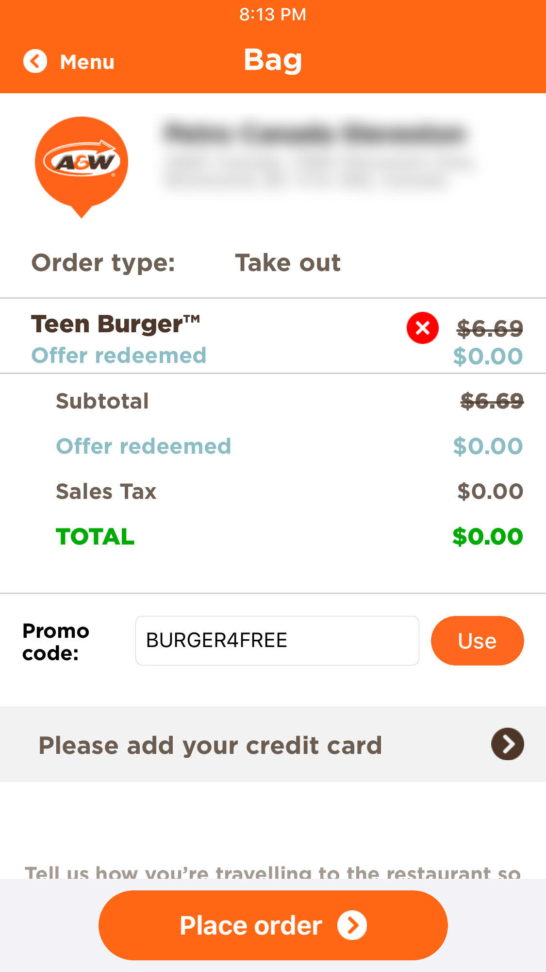 A&W：免费Teen Burger