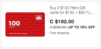 ebay.ca：2张$100 Petro Canada Gift Card + 高达$30 Fuel Saving Card只卖$192