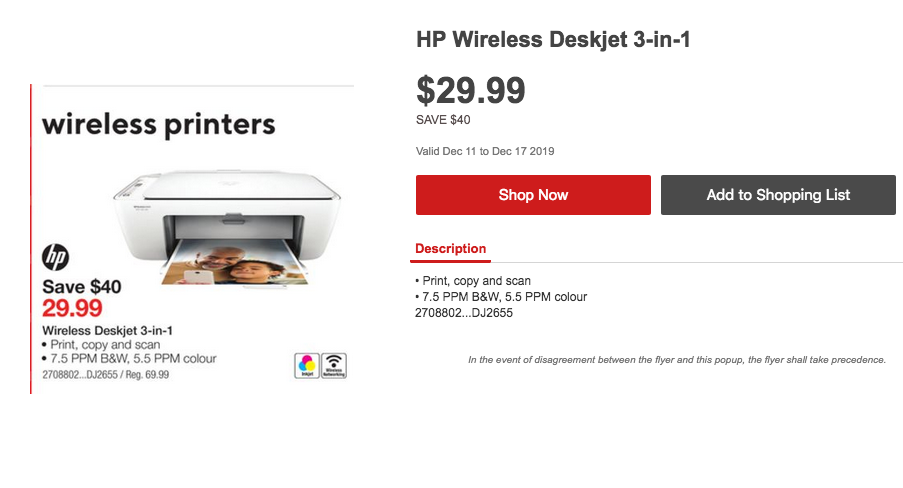 Staples：HP Deskjet 2655多功能無線打印機(Wireless Printer+Copier+Scanner)只賣$29.99