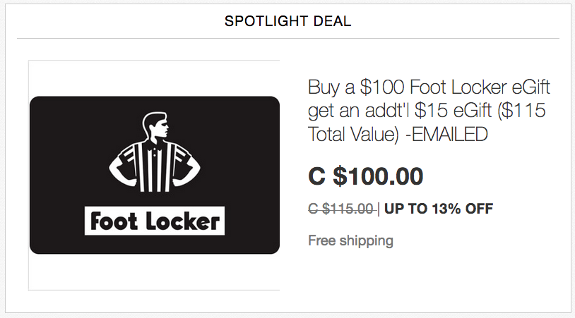 ebay.ca：$115 Foot Locker Gift Card只賣$100