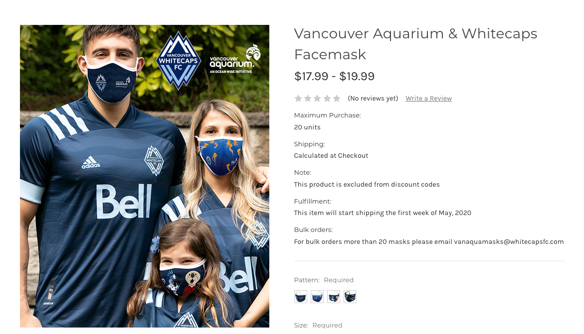 Vancouver Whitecaps X Vancouver Aquarium布口罩只賣$19.99