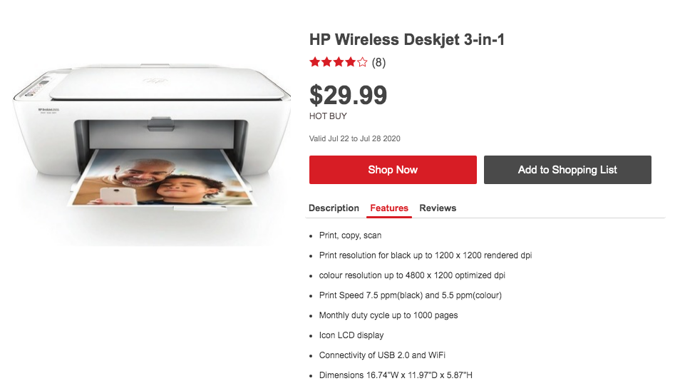 Staples官網：HP Deskjet 2655多功能無線打印機(Wireless Printer+Copier+Scanner)只賣$29.99