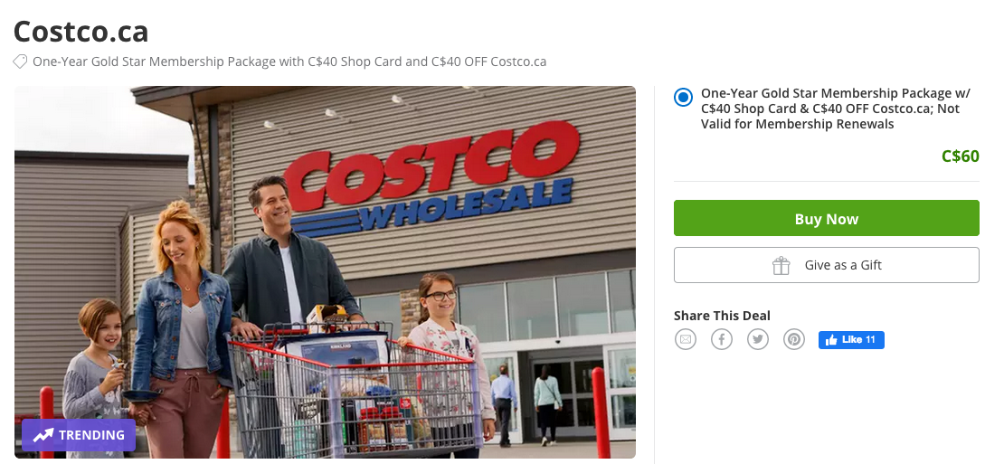 Groupon：Costco Gold Star新会员费 + $40 Costco Cash Card只卖$60
