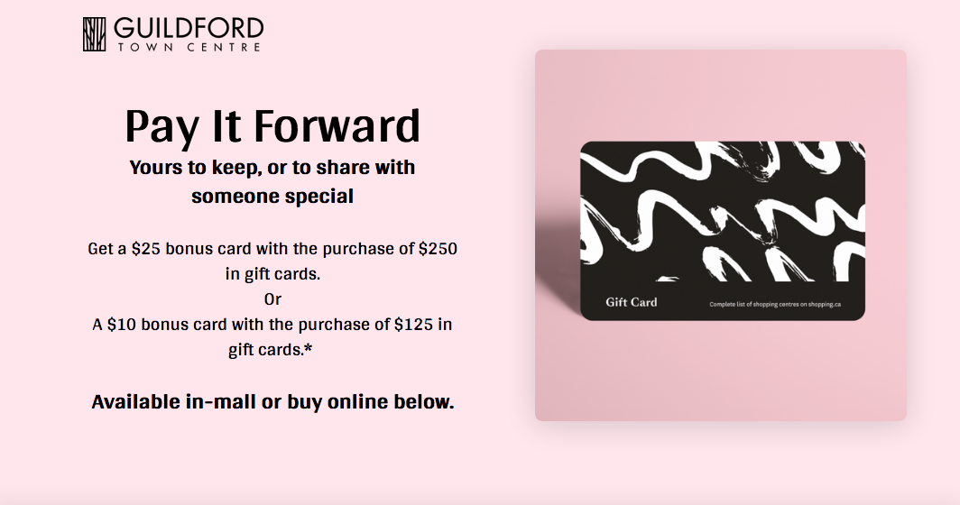 Guildford Town Centre：購買$125 禮券(Gift Card)即可獲$10額外禮券