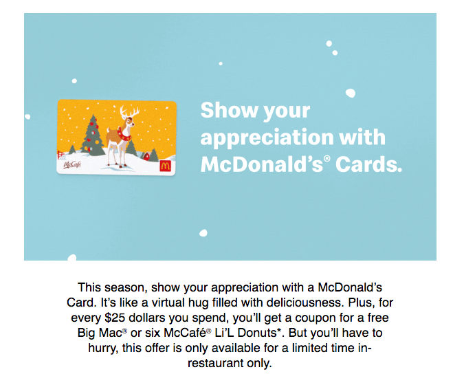 McDonald’s：购买$25礼券即获免费Big Mac/6个Donuts