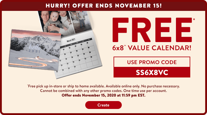 Walmart：免費自制月曆(6×8)