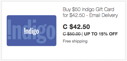 ebay.ca：Chapters/Indigo $50 Gift Card只賣$42.50