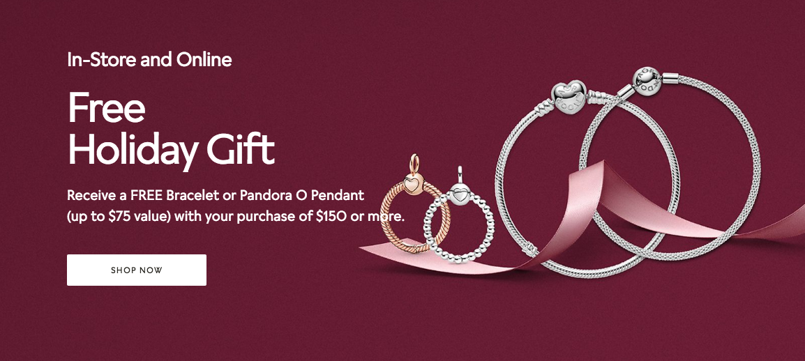 Pandora：購物滿$150，可獲免費手鏈/吊墜