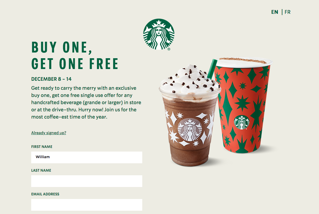 Starbucks：任何手調飲品可享買一送一優惠