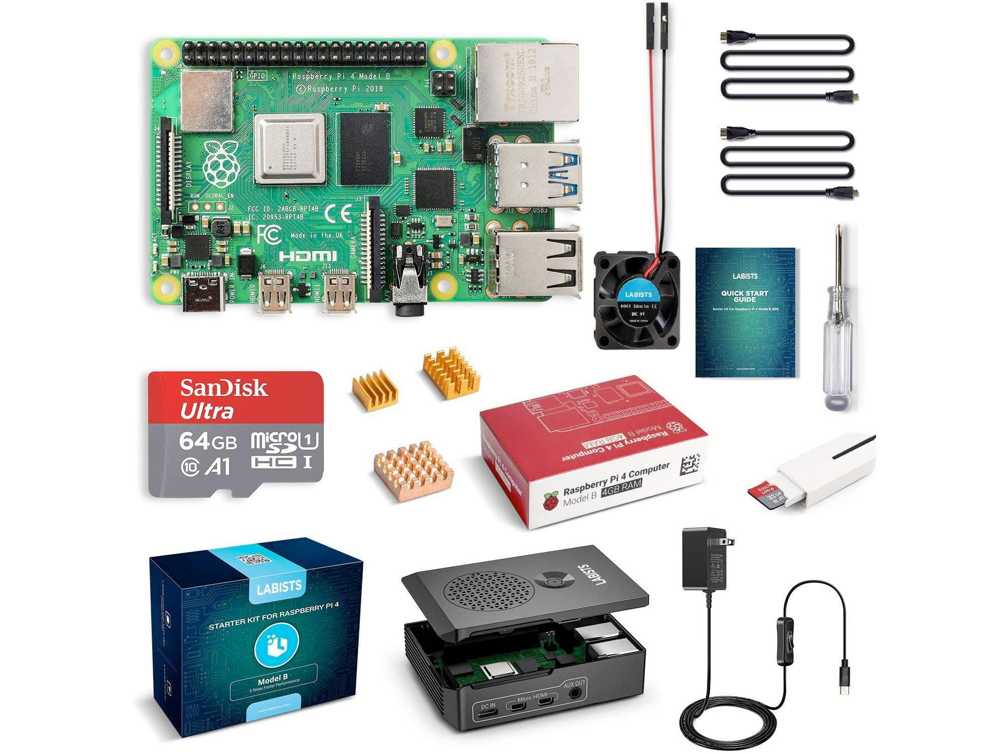 Amazon：LABISTS Raspberry Pi 4 Starter Kit with 4GB RAM Board, 64GB Micro SD Card Raspbian只卖$108.99