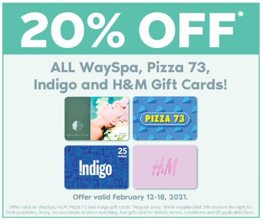 Rexall：購買Chapters/Indigo/H&M禮券(Gift Card)可獲八折優惠