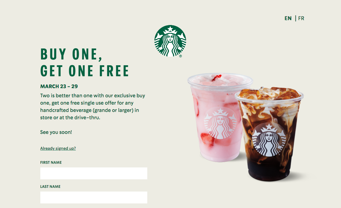 Starbucks：任何手调饮品可享买一送一优惠