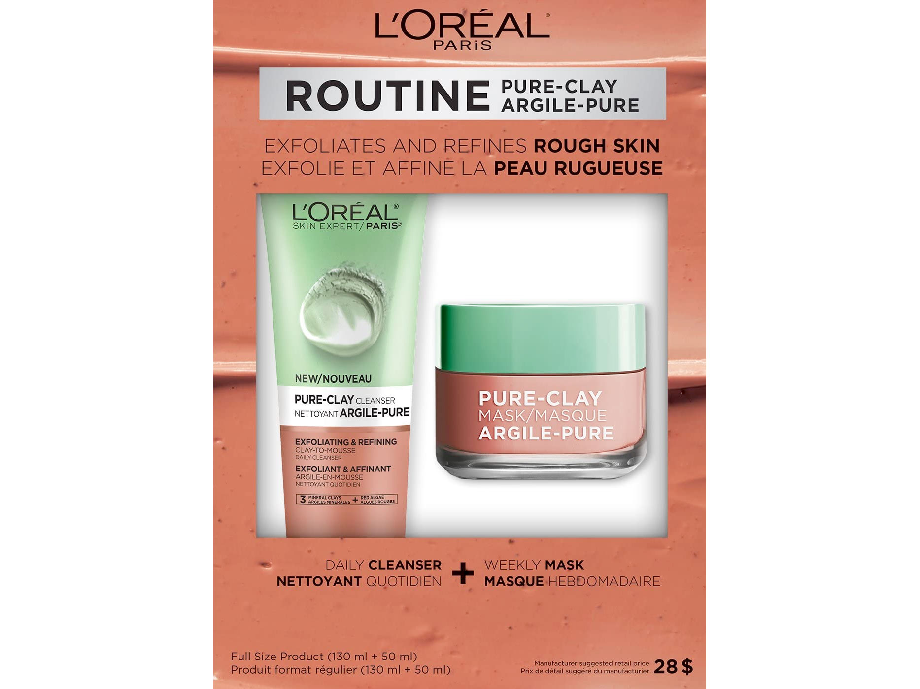 Amazon：L’Oreal Paris Pure-Clay Cleansing Mask + Cleanser Kit with 3 Mineral Clays + Red Algae只賣$15.30