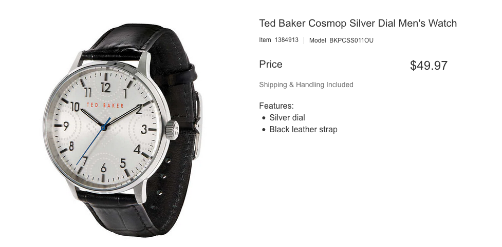 Costco官网：Ted Baker男装皮带手表只卖$49.97