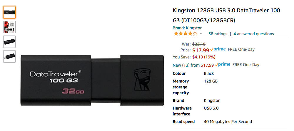 Amazon：Kingston 128GB USB Flash Drive只賣$17.99