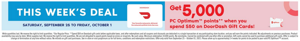 Shoppers Drug Mart：購買$50 DoorDash Gift Card即可獲5000 PC Optimum Points