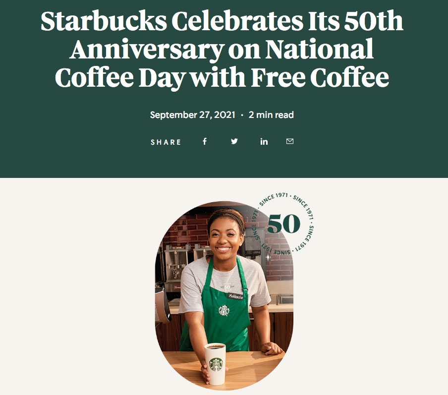 Starbucks：免費咖啡