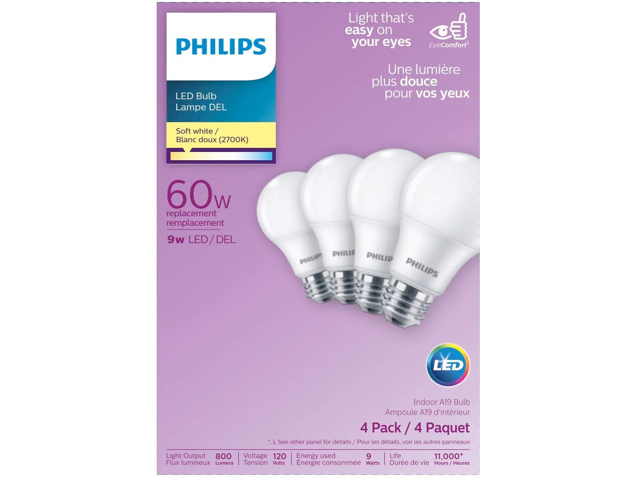 Amazon：Philips LED 60W A19 Soft White Non Dimmable燈膽 (4 Pack) 只賣$6.96