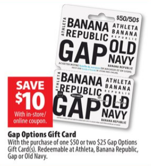London Drugs：购买Banana Republic/Gap/Old Navy礼券(Gift Card)，即可获八折优惠