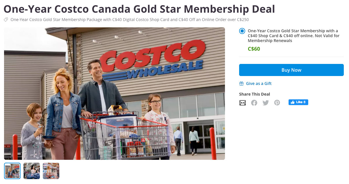 Groupon：Costco Gold Star新會員費 + $40 Digital Costco Shop Card只賣$60