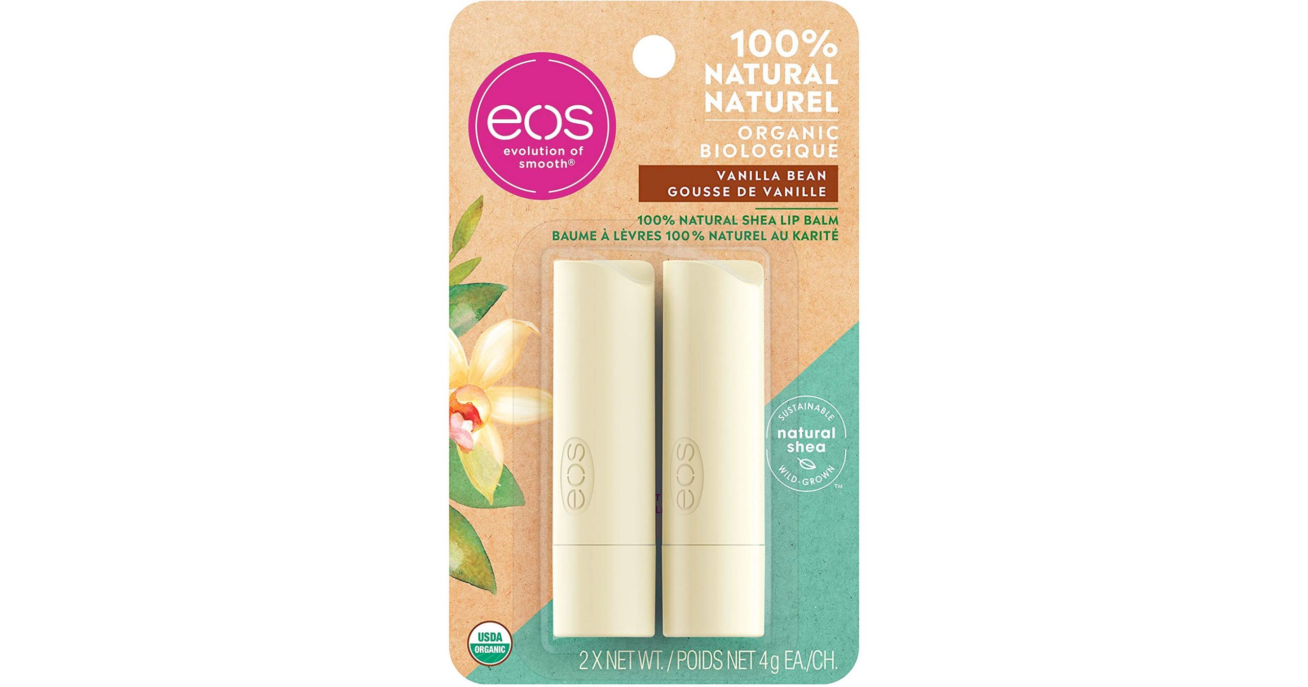 Amazon：eos 100% Natural and Organic Lip Balm Sticks (2 Pack)只賣$4