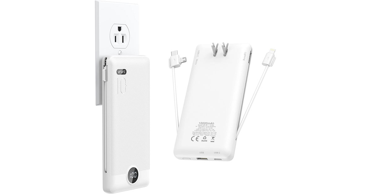 Amazon：Portable 10000mAh Charger with Build-in Cords and AC Wall Plug只卖$24.99