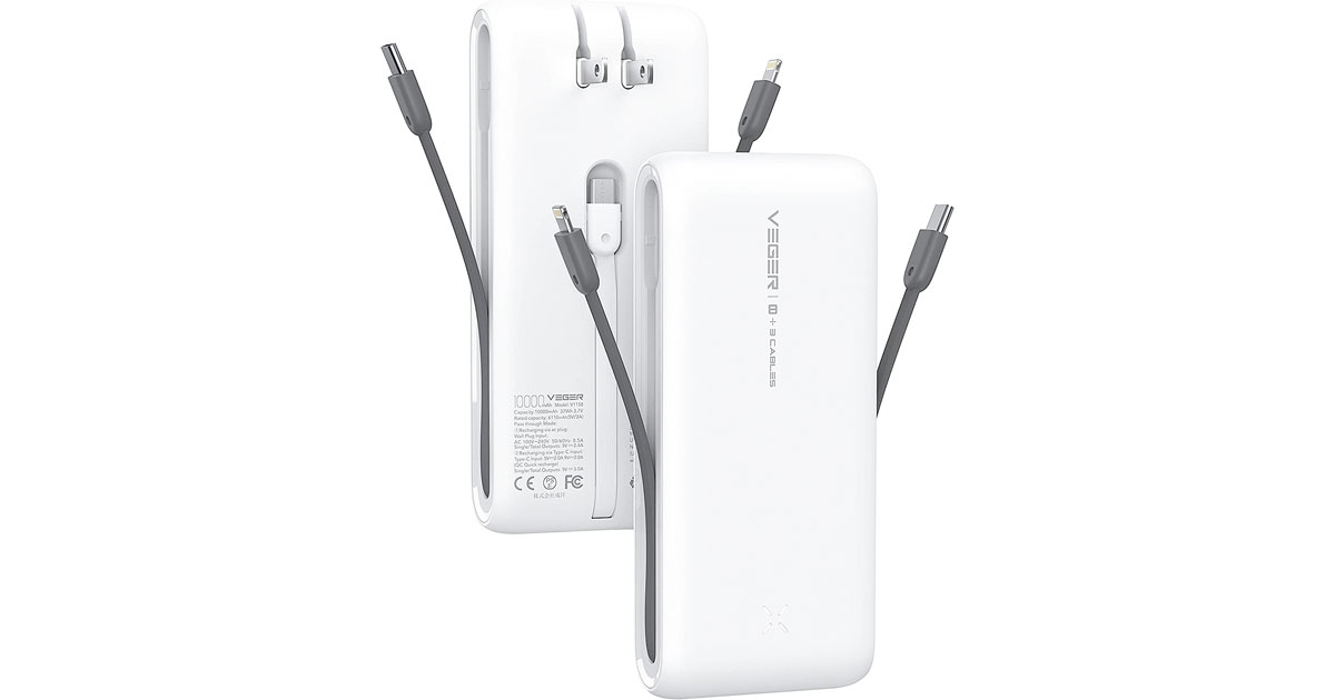 Amazon：Portable 10000mAh Charger with Build-in Cords and AC Wall Plug只賣$25.39(只限Amazon Prime會員)