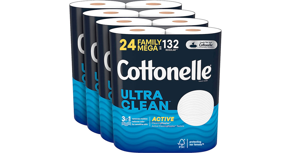 Amazon：Cottonelle Ultra Clean Toilet Paper 24 Family Mega Rolls (132 Regular Rolls)只賣$26.52(只限Amazon Prime會員)