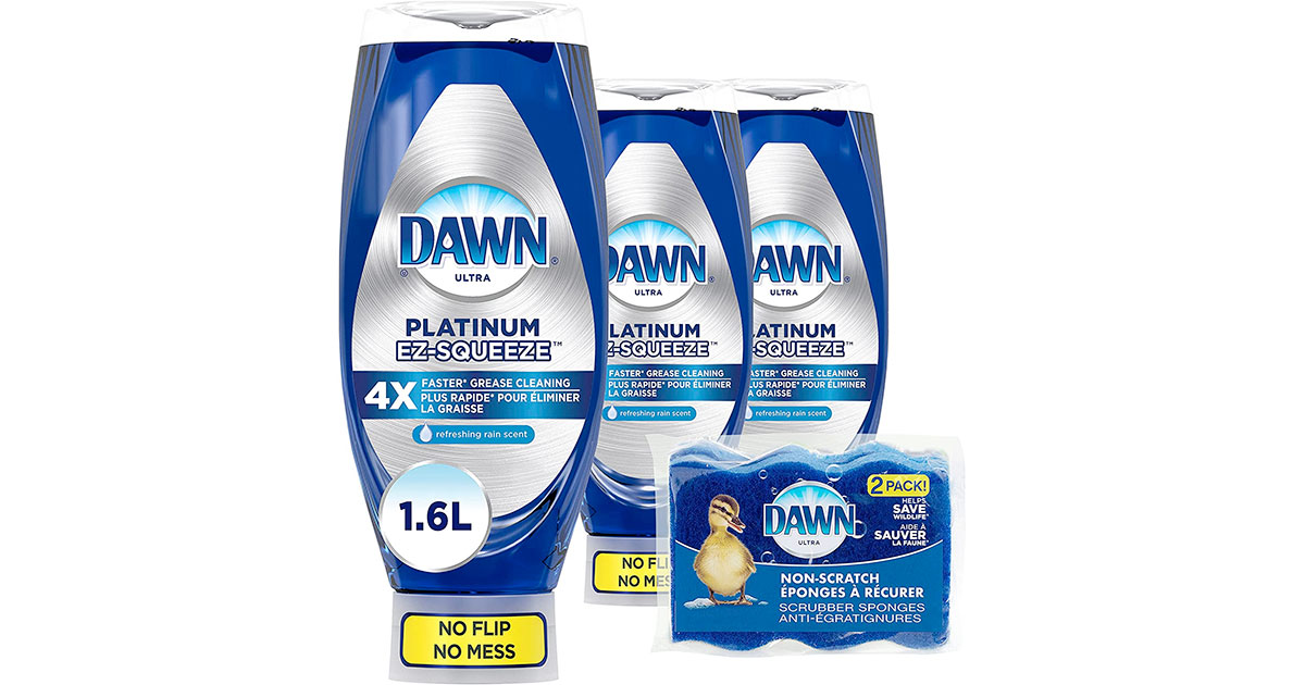 Amazon：Dawn EZ-Squeeze Platinum Dishwashing Liquid Dish Soap (535ml, Pack of 3) + Dawn Non-Scratch Kitchen DIsh Sponges (Pack of 2)只卖$11.93