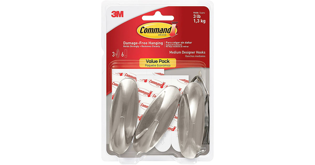 Amazon：3M Command Medium Designer Hooks(3 Hooks, 6 Strips)只賣$5