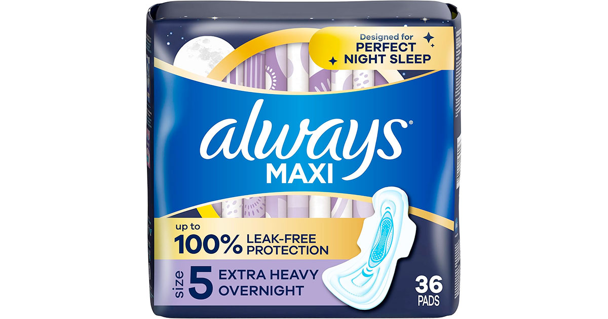 Amazon：Always Maxi Overnight Feminine Pads (Size 5, 36 Count)只賣$11.77
