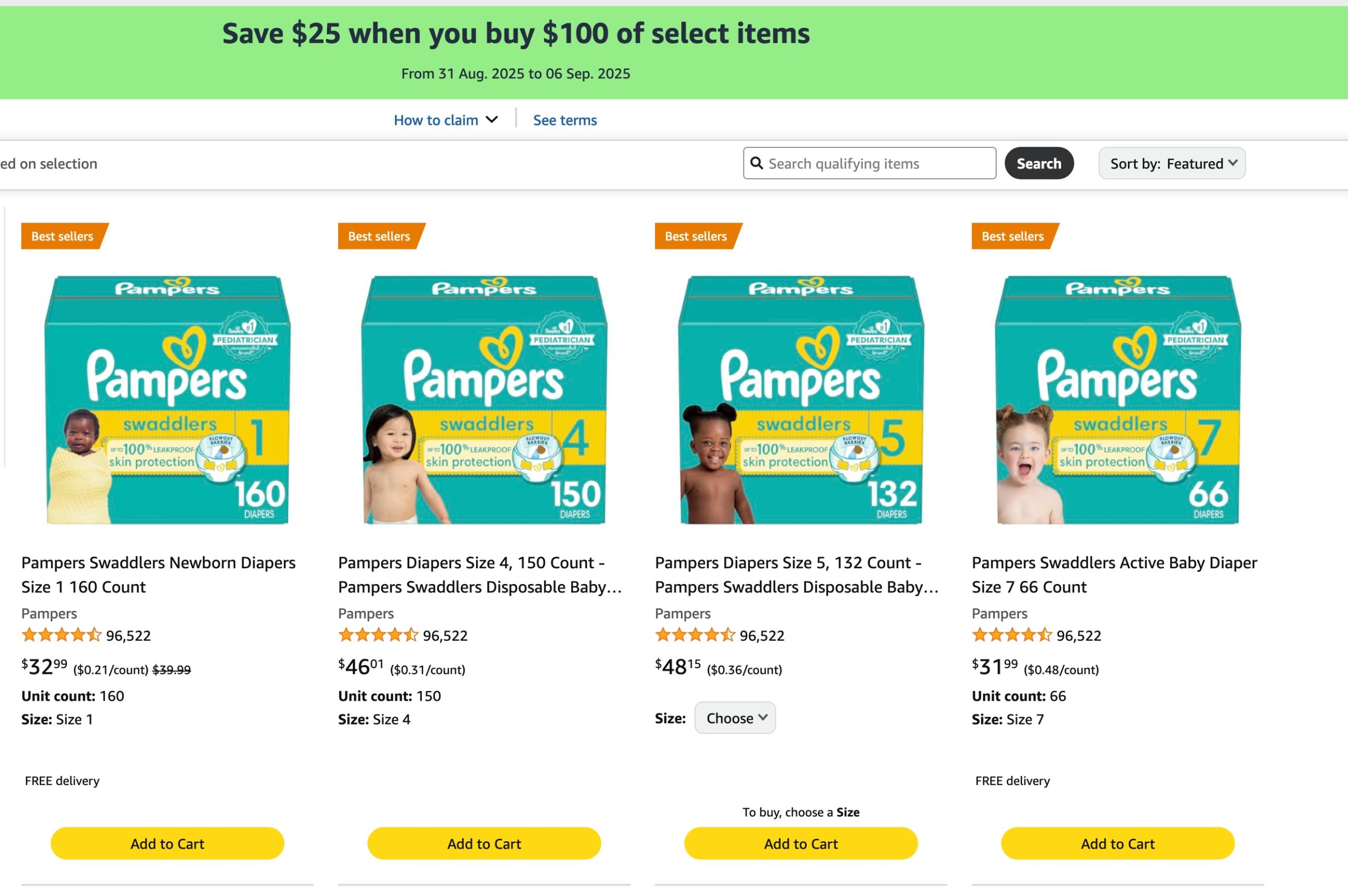 Amazon：購買Pampers指定紙尿片滿$100可獲$25折扣優惠