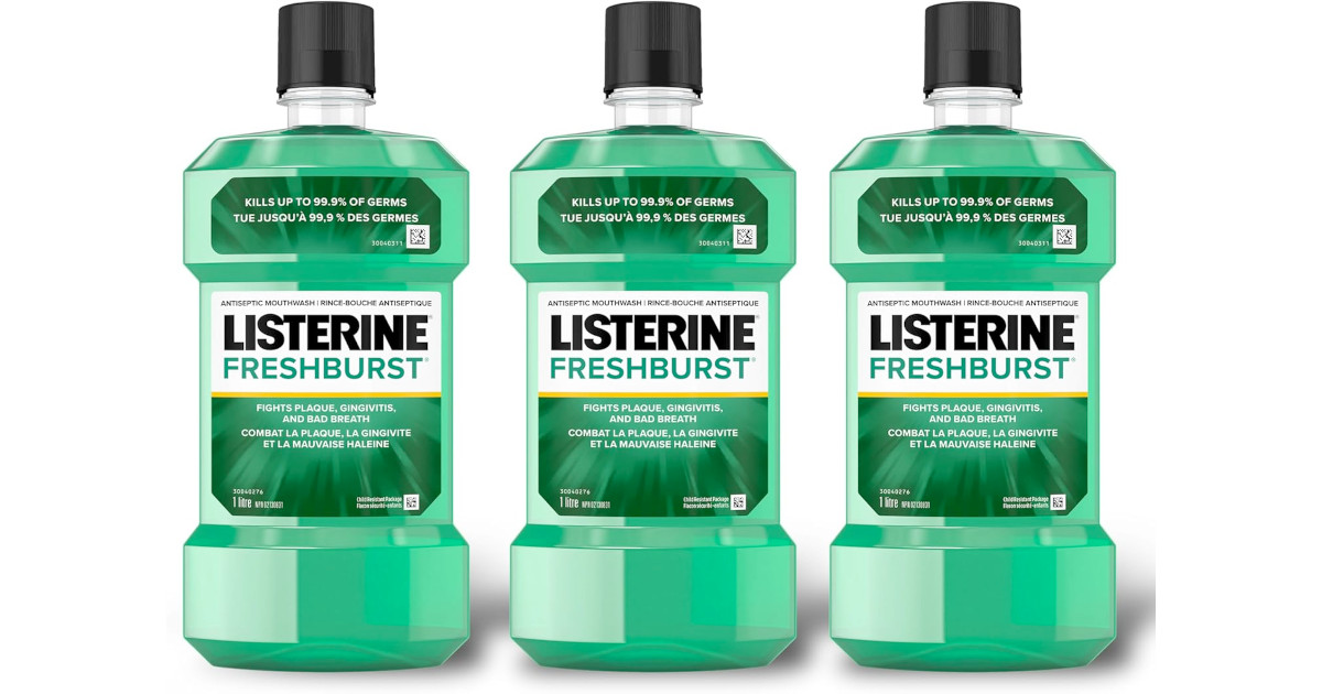 Amazon:Listerine Fresh Burst Antiseptic Mouthwash (1L x 3)只賣$14.94