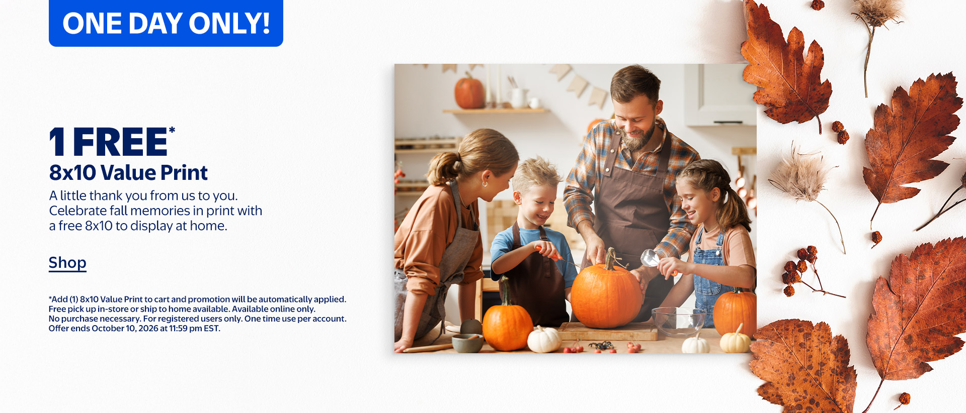 Walmart：免費8×10相片沖晒